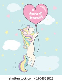Vector greeting card for Valentine's Day. The unicorn is flying on a hot air balloon in the shape of a heart. Cute unicorn with a balloon. Vector love unicorn.