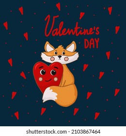 Vector Greeting card for Valentine's Day. A poster with lettering and a cute animal. Hearts, forest animal, cute fox, Love, I love you for a postcard. Vector illustration