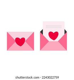 Vector greeting card for valentine's day. opened and closed envelope with card and heart. Love and Valentine's Day symbol.