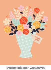 Vector greeting card for valentine's day with a bouquet of flowers