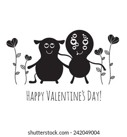 Vector greeting card for Valentine's day. Couple of two happy lovers monster