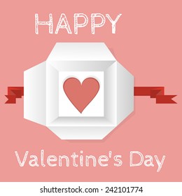 Vector greeting card for Valentine's Day. Heart in an open gift box - top view