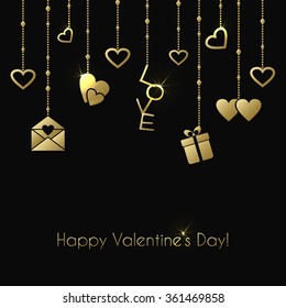 Vector greeting card for Valentines Day with gold hanging gifts on a black background