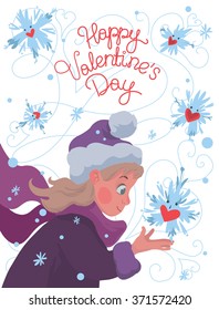 Vector Greeting card for Valentine's day in cartoon style - Little snowflakes with a warm hearts