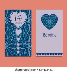 Vector greeting card to valentine's day. Cute congratulation's backgrounds with hearts, text and blue floral patterns