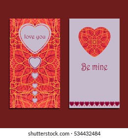 Vector greeting card to valentine's day. Cute congratulation's backgrounds with hearts, text and red floral patterns