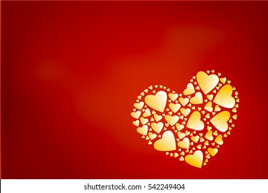 Vector greeting card for Valentine's Day. Bright shiny gold hearts on the red isolated background.