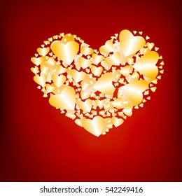 Vector greeting card for Valentine's Day. Bright shiny gold hearts on the red isolated background.
