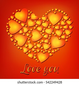 Vector greeting card for Valentine's Day. Bright shiny gold hearts on the red isolated background. Inscription love you.