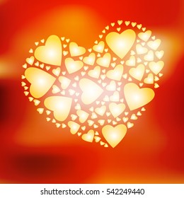 Vector greeting card for Valentine's Day. Bright shiny gold hearts on the red isolated background.