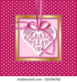 Vector greeting card for Valentines Day, wedding or birthday with a lace heart on a satin ribbon