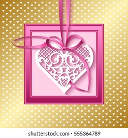 Vector greeting card for Valentines Day, wedding or birthday with a lace heart on a satin ribbon
