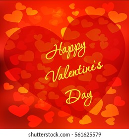Vector greeting card for Valentine's Day. Bright shiny gold hearts on the red isolated background.