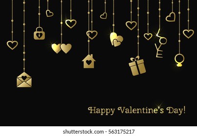 Vector greeting card for Valentines Day with hanging gold shine hearts, gift, ring, love letter on a black background