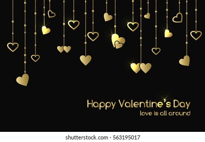 Vector greeting card for Valentines Day with hanging gold shine heart shape garlands