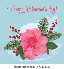 Vector greeting card for Valentine's Day with a beautiful bouquet of flowers and pine branches