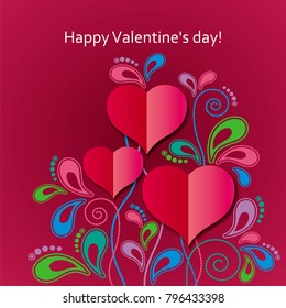 Vector greeting card Valentines Day with paper hearts and floral ornament on dark red background