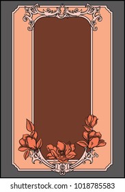Vector greeting card in vintage and retro style.Romantic blooming flowers and ornament on frame. Ancient and antique border with decor.All card template in black outline like sketch or engraving style
