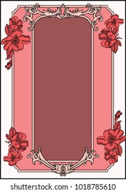 Vector greeting card in vintage and retro style.Romantic blooming flowers and ornament on frame. Ancient and antique border with decor.All card template in black outline like sketch or engraving style