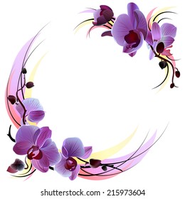 Vector greeting card with violet gentle orchids branches,isolated on the white background