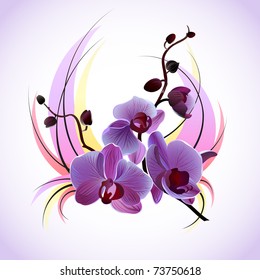 Vector greeting card with violet orchids