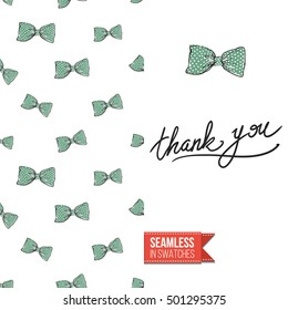 Vector greeting card for wedding, bridal, birthday, Valentine's day, new year, Christmas. Seamless pattern with bows on one side, on another inscription: thank you.