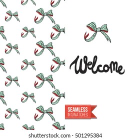 Vector greeting card for wedding, bridal, birthday, Valentine's day, new year, Christmas. Seamless pattern with bows on one side, on another inscription: welcome.