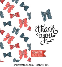 Vector greeting card for wedding, bridal, birthday, Valentine's day, new year, Christmas. Seamless pattern with bows on one side, on another inscription: thank you.