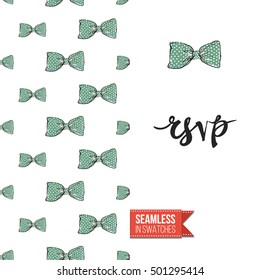 Vector greeting card for wedding, bridal, birthday, Valentine's day, new year, Christmas. Seamless pattern with bows on one side, on another inscription: rsvp.
