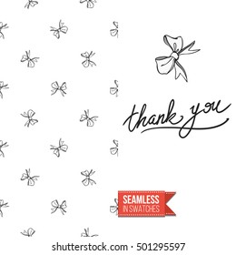 Vector greeting card for wedding, bridal, birthday, Valentine's day, new year, Christmas. Seamless pattern with bows on one side, on another inscription: thank you.