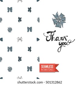 Vector greeting card for wedding, bridal, birthday, Valentine's day, new year, Christmas. Seamless pattern with bows on one side, on another inscription: thank you.