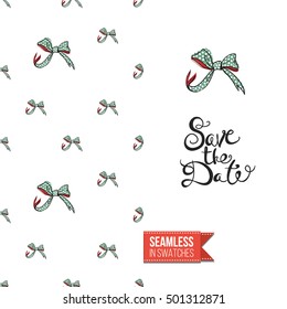 Vector greeting card for wedding, bridal, birthday, Valentine's day, new year, Christmas. Seamless pattern with bows on one side, on another inscription: save the date.