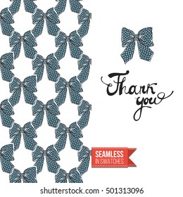 Vector greeting card for wedding, bridal, birthday, Valentine's day, new year, Christmas. Seamless pattern with bows on one side, on another inscription: thank you.