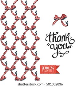 Vector greeting card for wedding, bridal, birthday, Valentine's day, new year, Christmas. Seamless pattern with bows on one side, on another inscription: thank you.