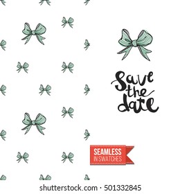 Vector greeting card for wedding, bridal, birthday, Valentine's day, new year, Christmas. Seamless pattern with bows on one side, on another inscription: save the date.