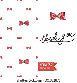Vector greeting card for wedding, bridal, birthday, Valentine's day, new year, Christmas. Seamless pattern with bows on one side, on another inscription: thank you.