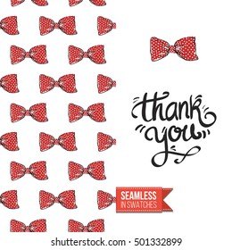 Vector greeting card for wedding, bridal, birthday, Valentine's day, new year, Christmas. Seamless pattern with bows on one side, on another inscription: thank you.