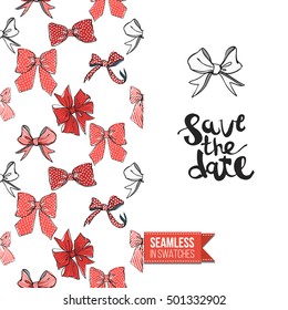 Vector greeting card for wedding, bridal, birthday, Valentine's day, new year, Christmas. Seamless pattern with bows on one side, on another inscription: save the date.