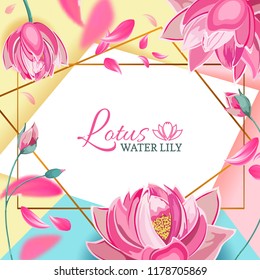 Vector greeting card or wedding invitation template with sheet of paper and gold frame. Botanical motifs with pink Lotus flowers and blurred flying petals on colorful geometric background.