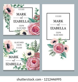 Vector greeting card or wedding invitation with English rose, anemone, eucalyptus.
