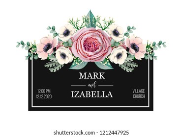 Vector greeting card or wedding invitation with English rose, anemone, eucalyptus. 