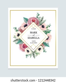 Vector greeting card or wedding invitation with English rose, anemone, eucalyptus. 