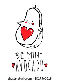 Vector greeting card, which depicts a cute avocado with a red heart.