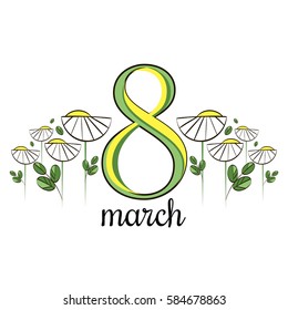 Vector greeting card with white daisies. 8 March international Womens Day card