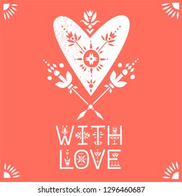 Vector greeting card. White heart decorated with flowers and lettering With Love on a red background.