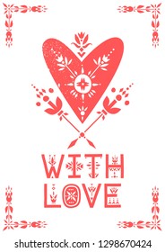 Vector greeting card. White heart decorated with flowers and lettering With Love.