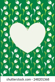 Vector greeting card with white heart, which can be used as a place for text, white flowers and green background