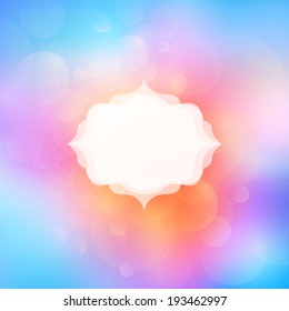 Vector greeting card - white retro label over a bright and colorful blurred unfocused photographic bokeh background with festive glitter