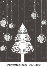 Tarjeta vectorial de saludo con árbol blanco en Navidad de fondo gris, Año Nuevo y otras ocasiones.
