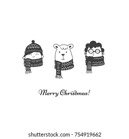 Vector greeting card with winter animals and people isolated on background. Big set with girls, woman, man, bear, penguin, cat, fox hand drawn designs. Xmas, christmas design.